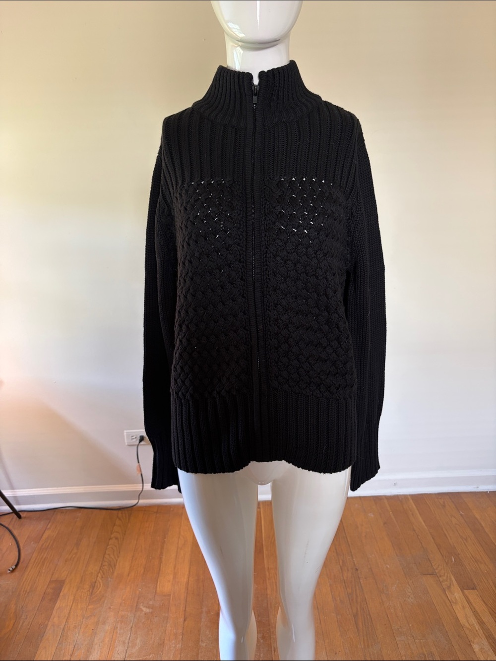 Zip-Front Black Knit Turtleneck Sweater
